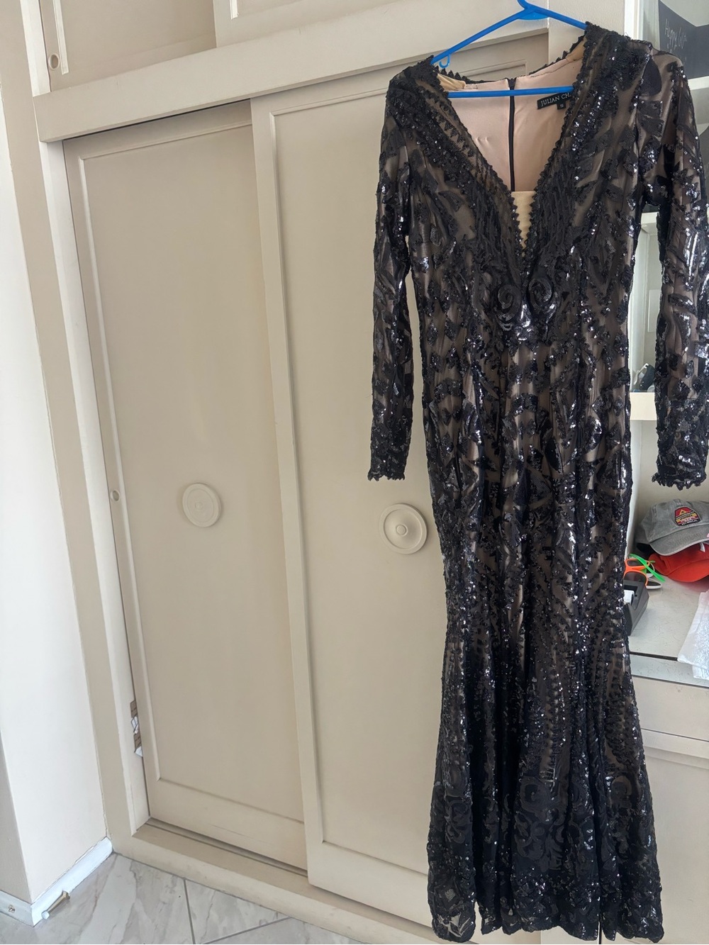 Black Sequin Long Sleeve V-Neck Evening Gown